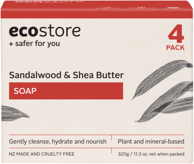 Ecostore Soap Pack of 4 with sandalwood scent, enriched with shea butter for soft, nourished skin, eco-friendly and vegan.