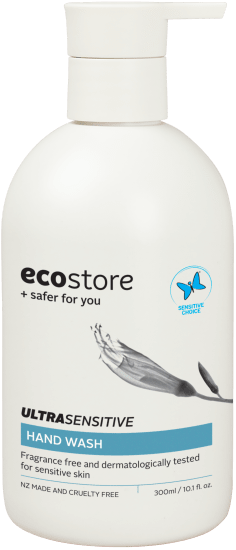 Ecostore Ultra Sensitive Hand Wash Pump 300ml, a gentle, fragrance-free formula with nourishing harakeke extract for soft, moisturized skin.