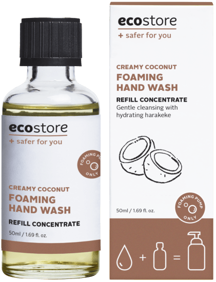 Ecostore Coconut Hand Wash Foam Refill Concentrate reduces plastic waste, creates 250ml hand wash, features coconut scent, and plant-based ingredients.
