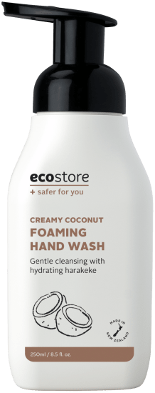 Ecostore Creamy Coconut Foaming Hand Wash in 250ml bottle, featuring vegan, plant-based ingredients and a hydrating coconut scent.