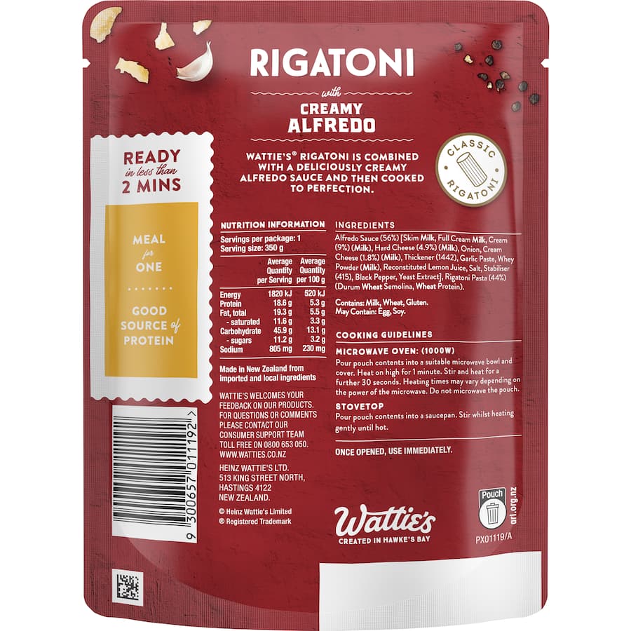 Wattie's Pasta Meal Rigatoni Creamy Alfredo Pouch 350g
