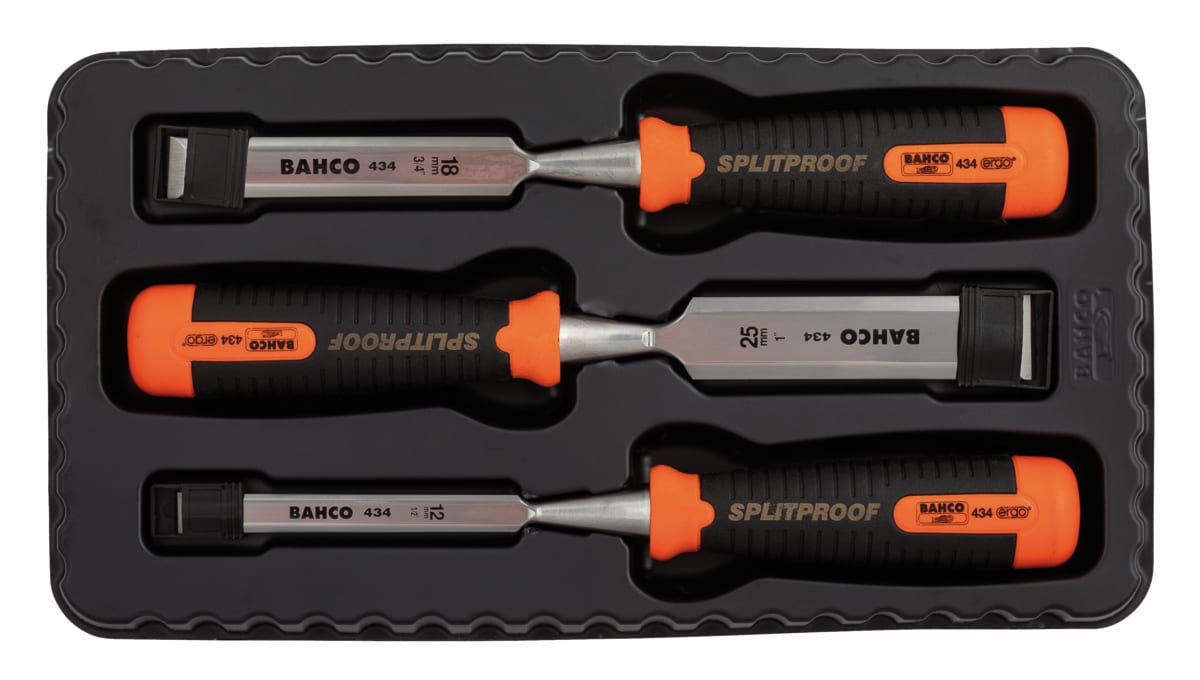 BAHCO ERGO Splitproof Woodworking Chisel Set Cardboard Box 3 Piece