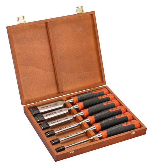 BAHCO ERGO 6-piece woodworking chisel set in a wooden box, featuring splitproof handles and precision ground blades for durability.