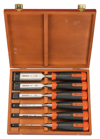 BAHCO ERGO 6-piece woodworking chisel set in a wooden box, featuring ergonomic handles and precision ground blades for durability.