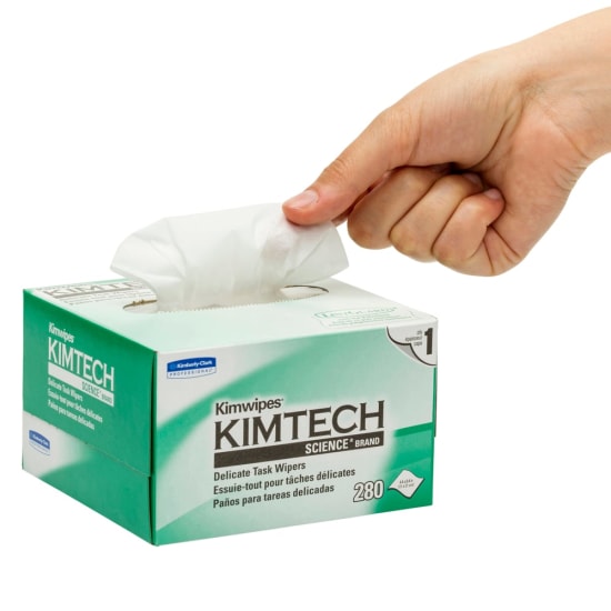 Kimtech Science Kimwipes Delicate Task Wipers in a pack of 280, lightweight, low-lint, ideal for cleaning lab surfaces and instruments.