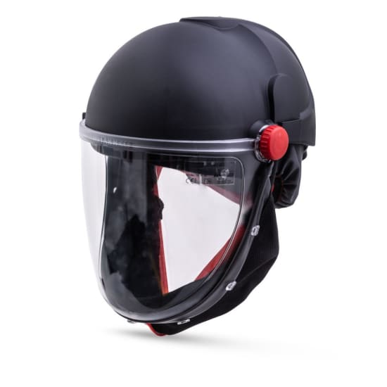Safety helmet with grinding visor, offering head and eye protection, certified to EN 397 for various hazardous tasks.
