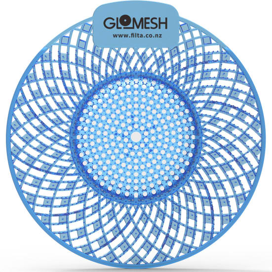 Glomesh Spiral Urinal Screen in blue with Mountain Air scent, designed for 30 days of effective odor control in urinals.