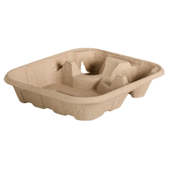 Eco-friendly Ecoware 2-Cup food carrier tray holds two cups and food, made from FSC recycled paper, for sustainable takeout.