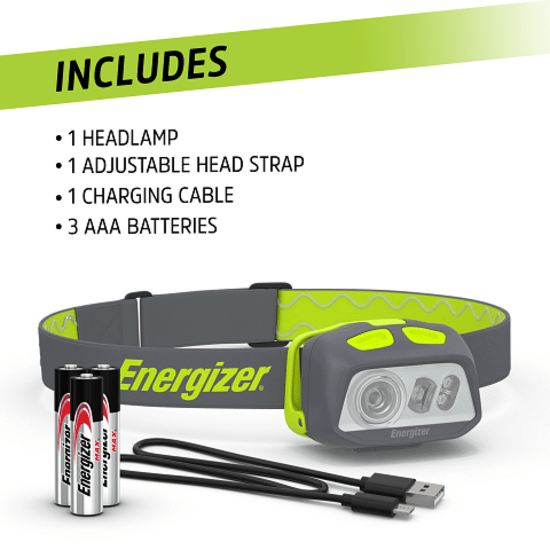 Energizer Pro Series headlamp with 500 lumens, hybrid power, and 6 modes for versatile outdoor and indoor lighting.