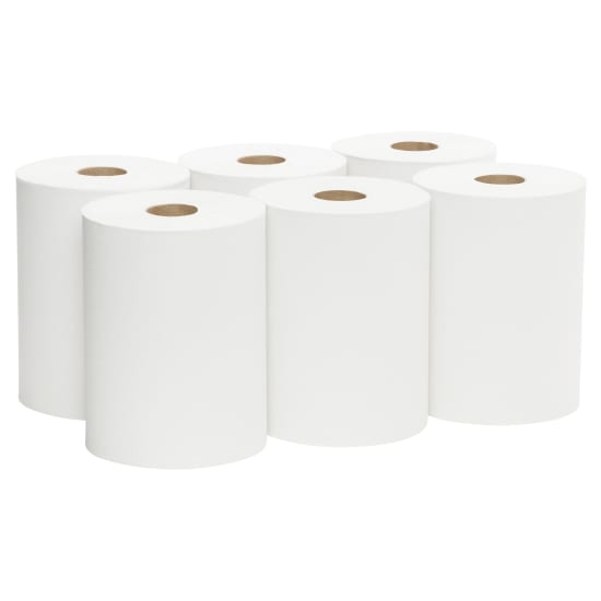 Scott 1-ply Slimroll Paper Towels in a case of 6, compact design, 176 meters per roll, ideal for efficient hand drying.