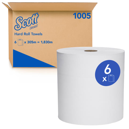 Scott 1-ply Hard Roll Paper Towels, 305m per roll, eco-friendly, highly absorbent with automatic length control, case of 6 rolls.