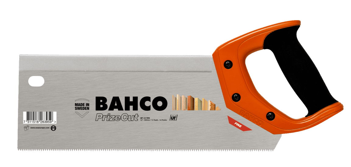 Bahco PrizeCut Tenon Saw 300mm for precise cuts in fine wood, featuring hardpoint teeth, ergonomic handle, and steel back for stability.