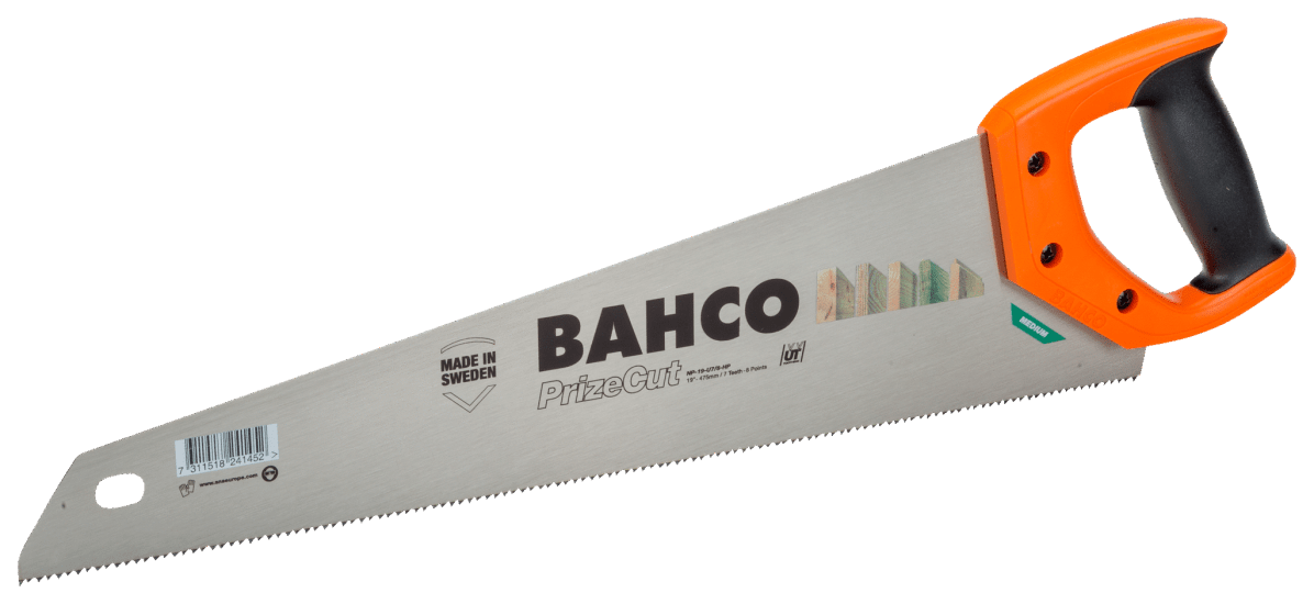 Bahco PrizeCut Universal Handsaw-550mm, featuring hardpoint teeth, ergonomic handle, and marking guide for precise woodcutting.