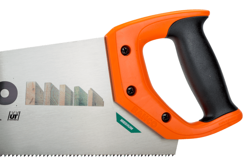 Bahco PrizeCut Universal Handsaw-550mm with ergonomic handle, hardpoint teeth for precise wood cutting, and marking guide feature.
