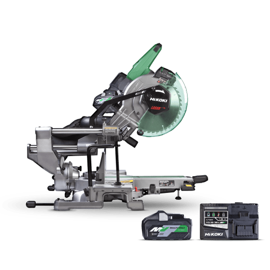 HiKOKI 36V 255mm Compound Mitre Saw-Kit with dual bevels, compact design, LED worklight, and rapid charging for efficient cutting.