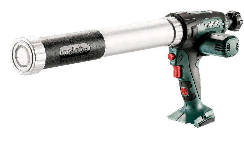 Metabo 18V caulking gun with high discharge force, adjustable speed, and no-drip technology for precise application.