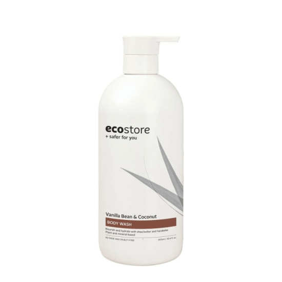 Ecostore Vanilla & Coconut Body Wash 900ml with a soft lather, hydrating harakeke, and a tropical scent for gentle cleansing.