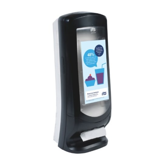 Tork Xpressnap N4 Napkin Dispenser Stand with modern design, one-at-a-time delivery, and customizable display for restaurants.
