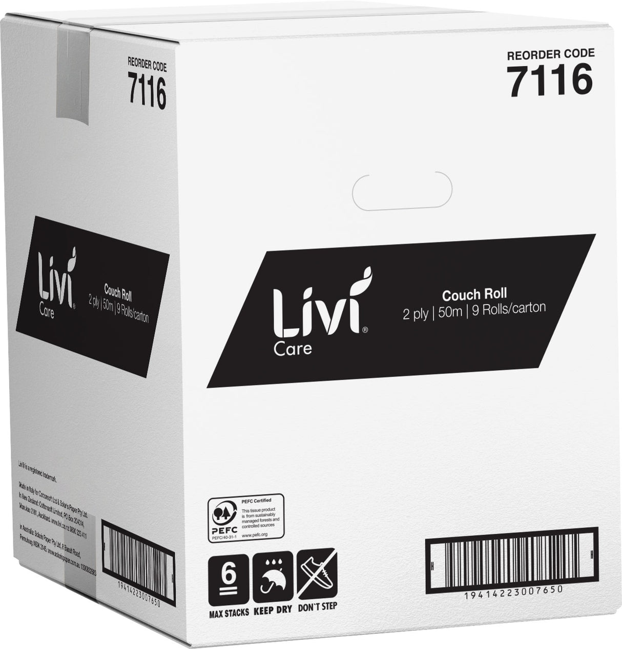 Livi Care Couch Roll 2ply 50m (Carton of 9 Rolls)