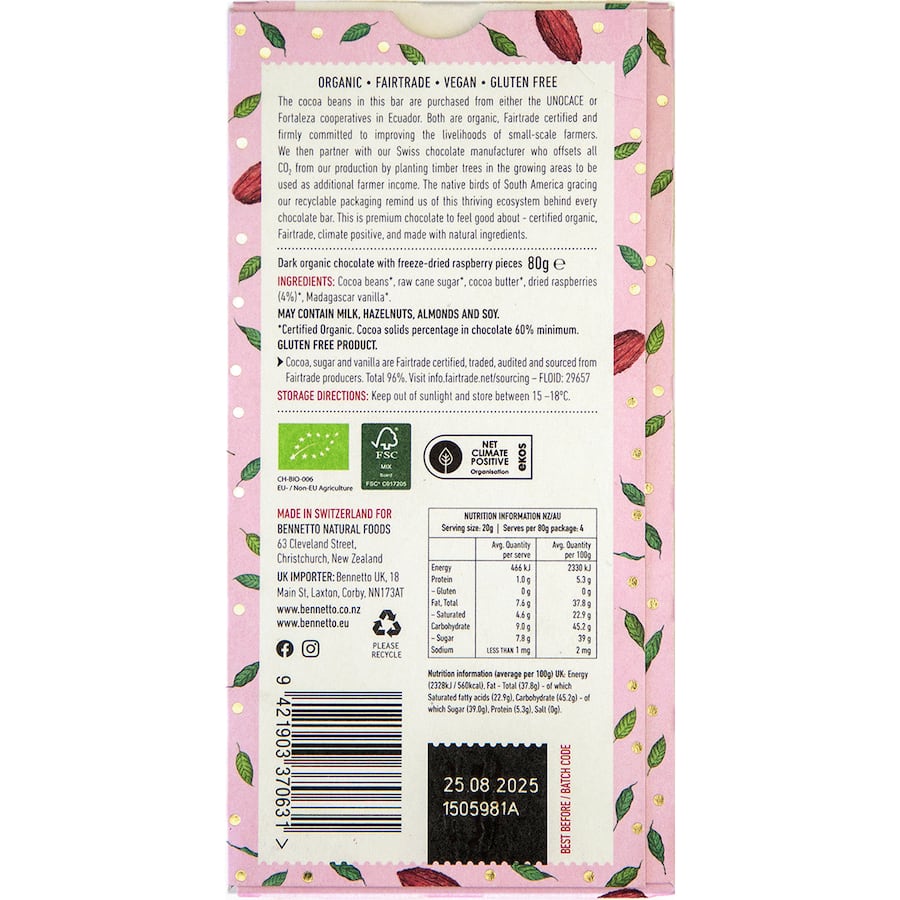 Bennetto Chocolate Raspberry Dark Choc Block 80g