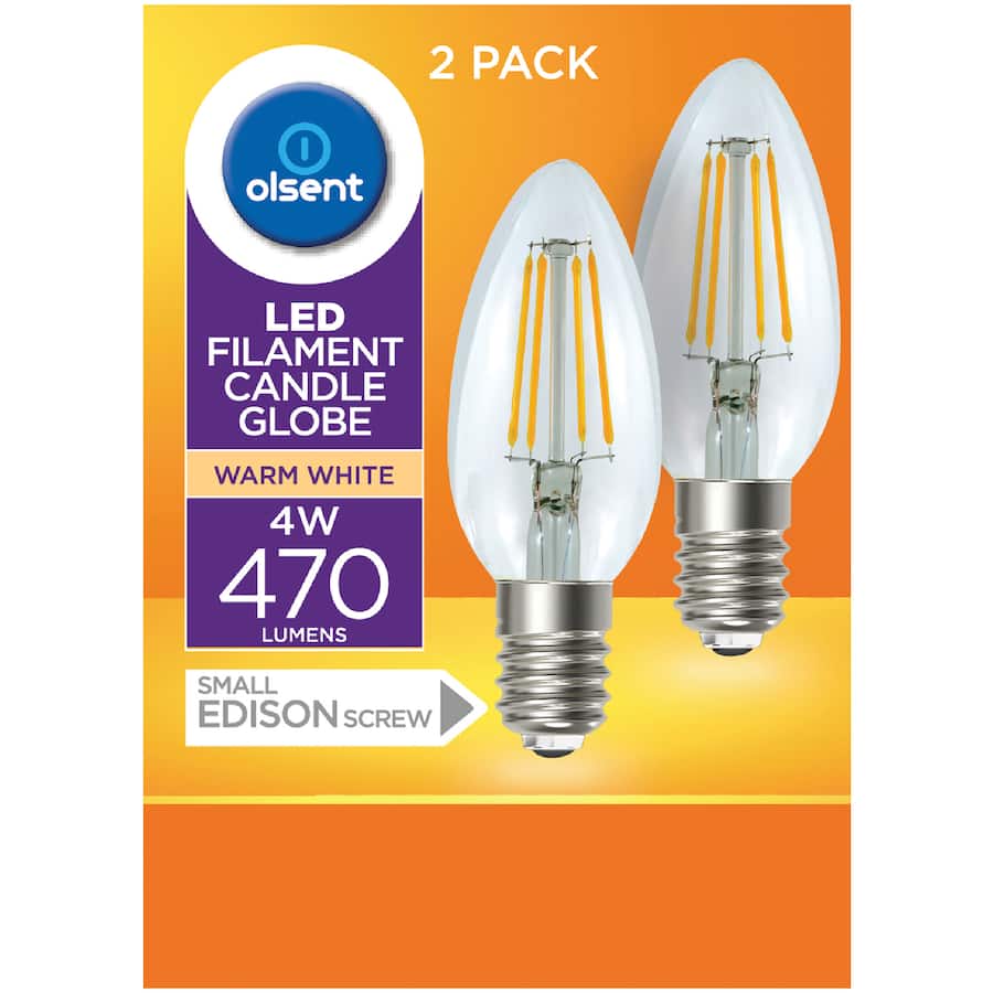 Olsent Screw Candle Bulb Led 4w 470 Lumen Warm White 2pack