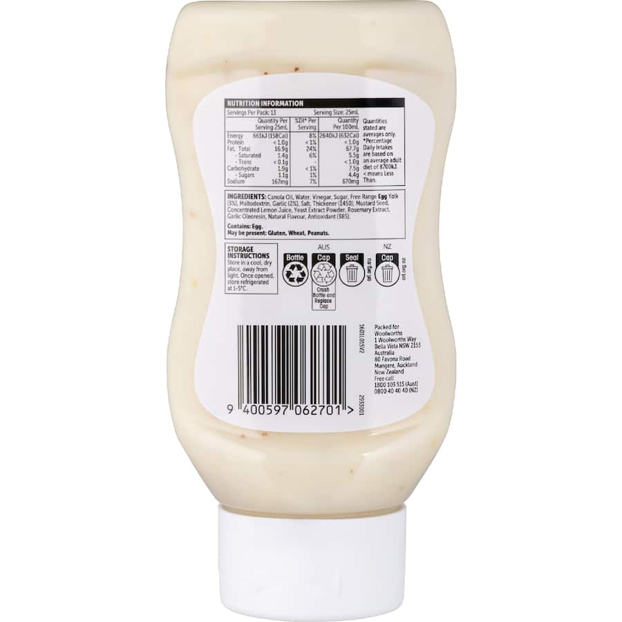 Woolworths Aioli Garlic - Squeeze bottle 330mL