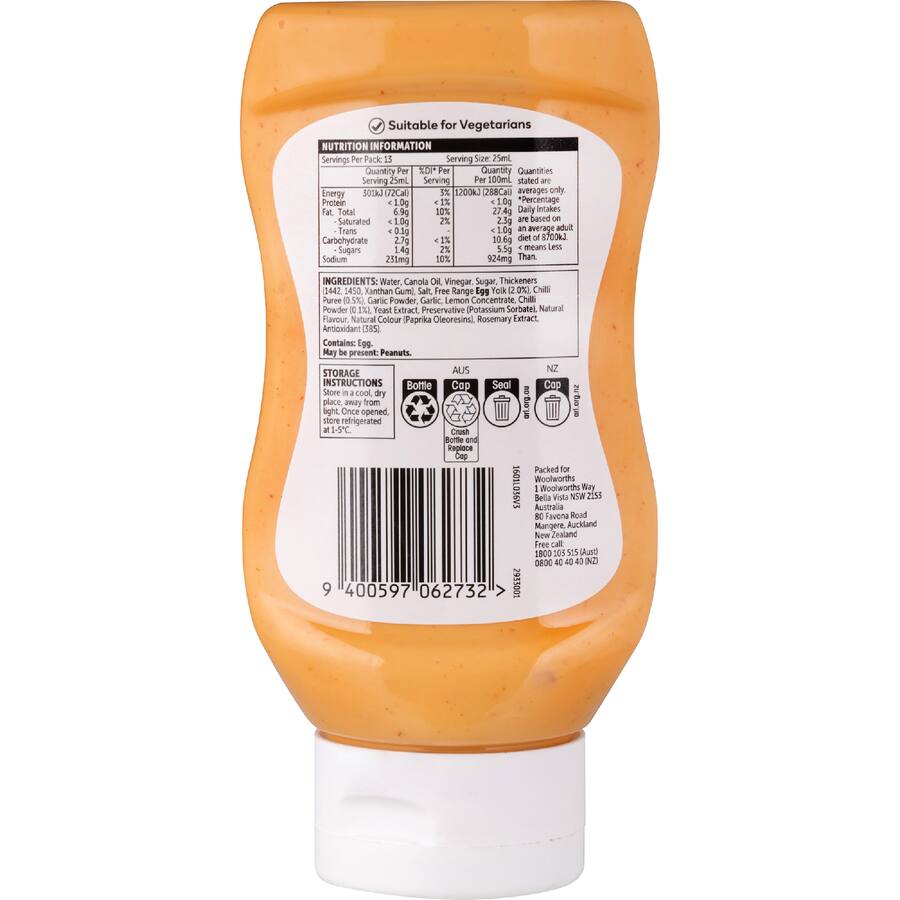 Woolworths Mayonnaise Sriracha - Squeeze bottle 330mL