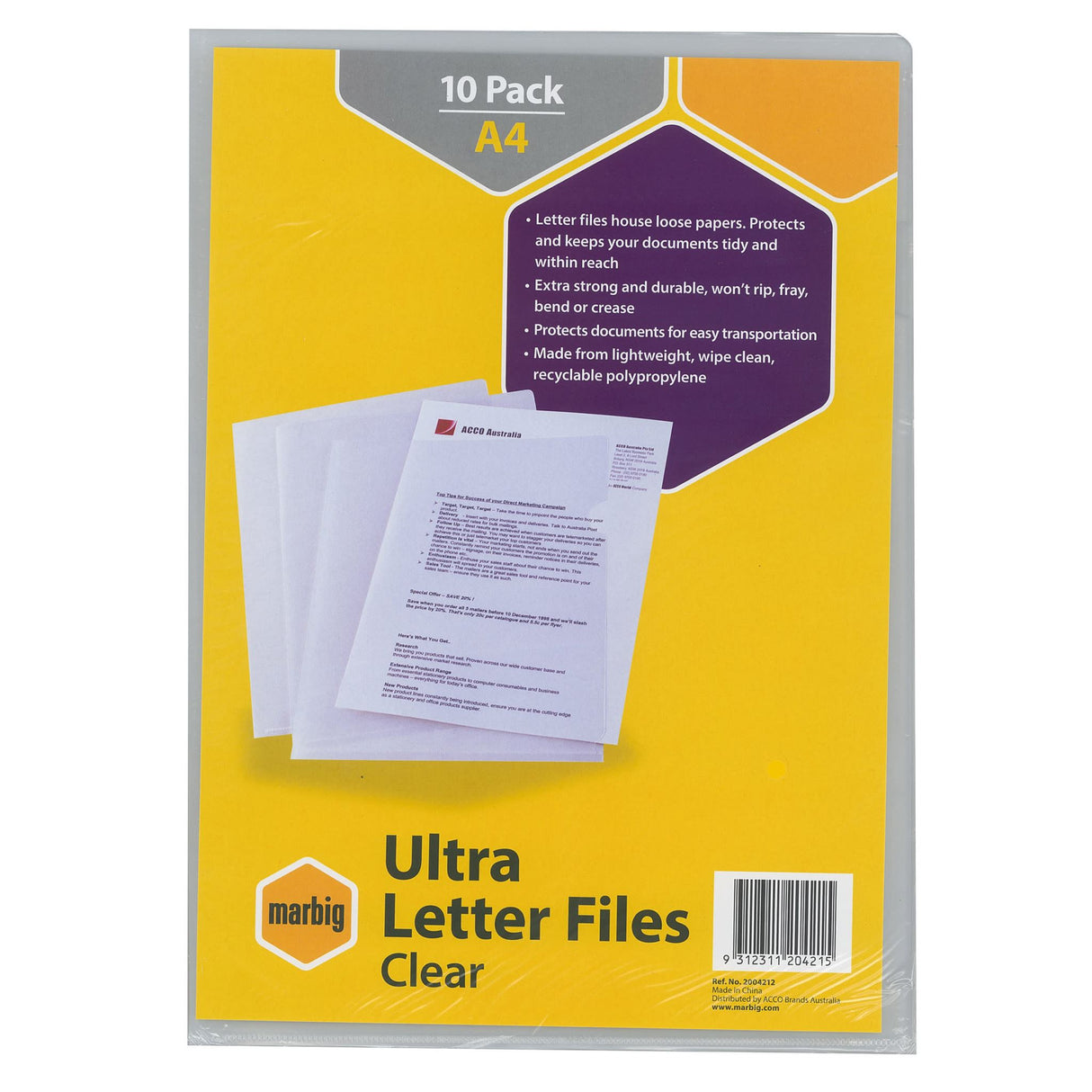 Marbig Letterfile A4 Ultra Clear (Pack of 10)