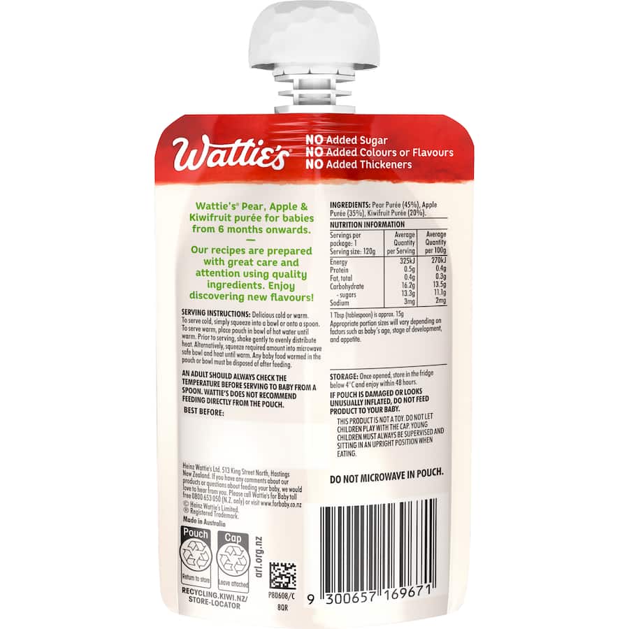 Watties Baby Food Pear Apple & Kiwifruit Squeeze pouch 120g