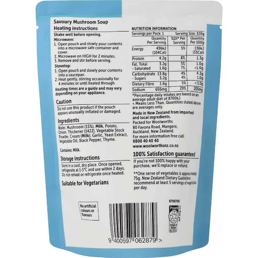 Woolworths Soup Mushroom Pouch 320g