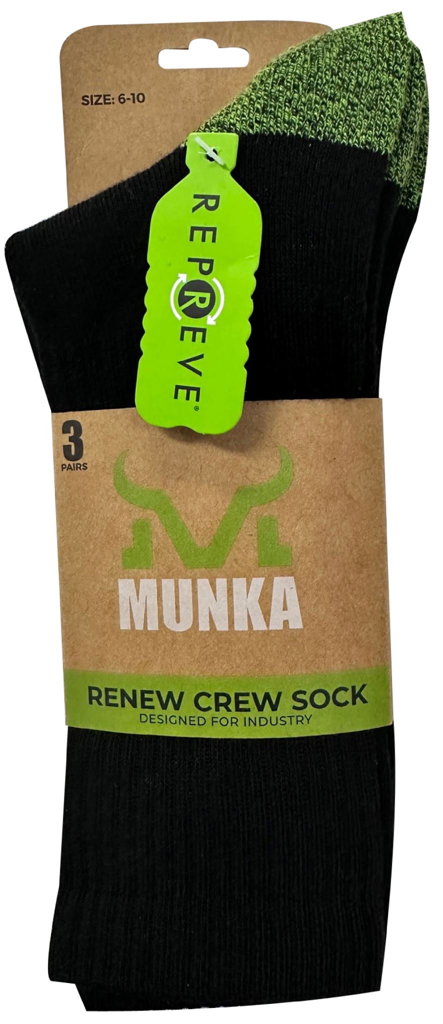 Munka Renew Socks - Black 3 (Pack) - Black (Size: 11-)
