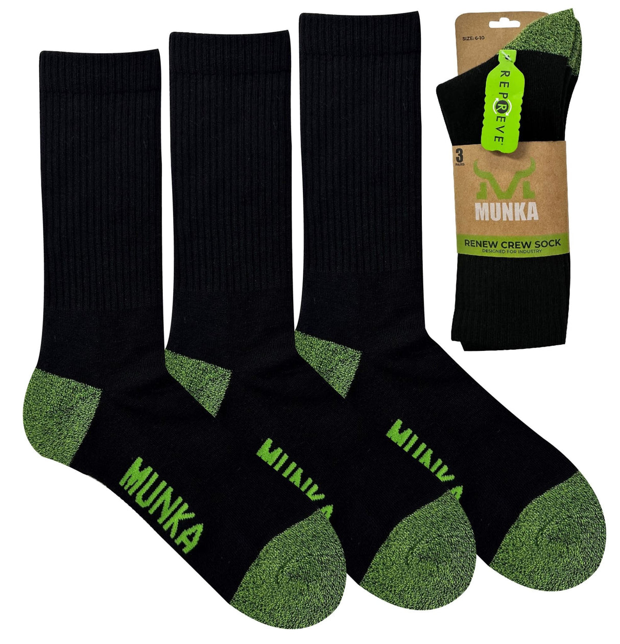 Munka Renew Socks - Black 3 (Pack) - Black (Size: 11-)