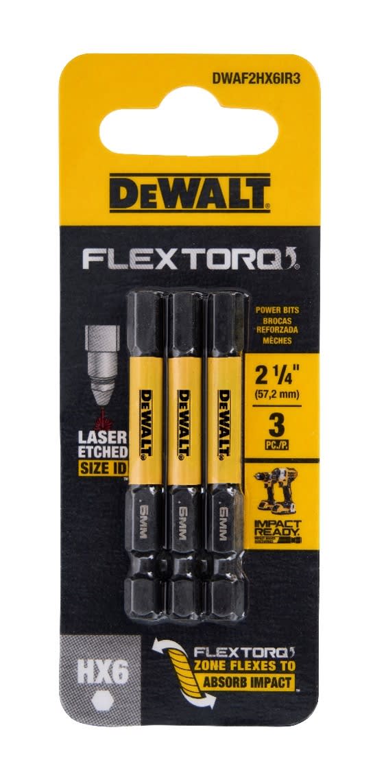 DeWalt HEX H6 FLEXTORQ Screwdriver Bit 57mm 3 (Pack)