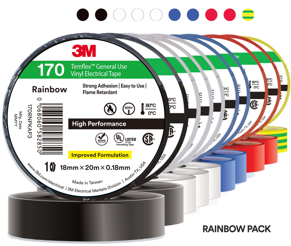 3M Temflex Vinyl Electrical Tape 170 Rainbow 18mm x 20m Pack of 10