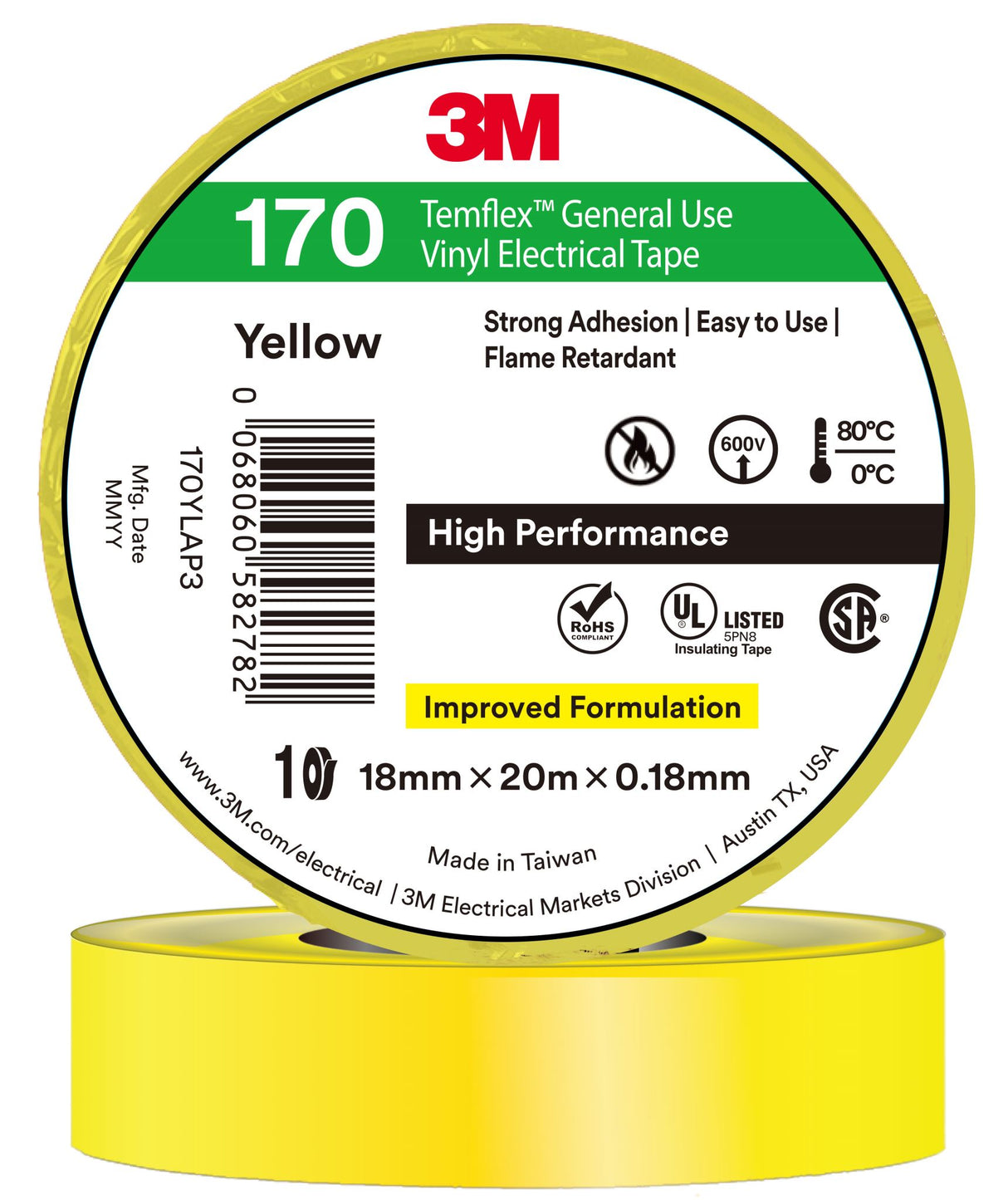 3M Temflex Vinyl Electrical Tape 170 Yellow 18mm x 20m