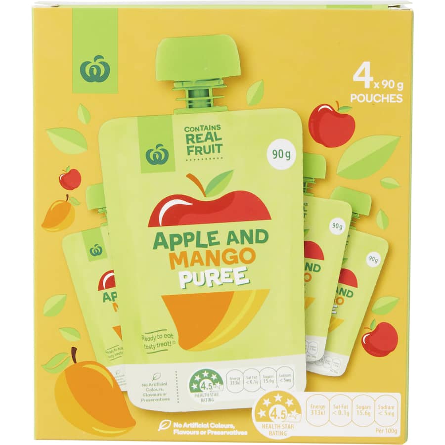 Woolworths Fruit Puree Apple & Mango Pouches 4pack