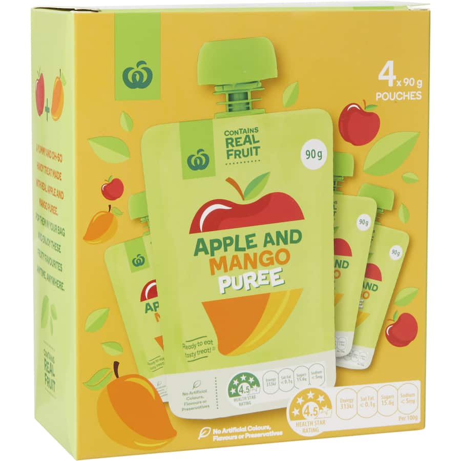 Woolworths Fruit Puree Apple & Mango Pouches 4pack
