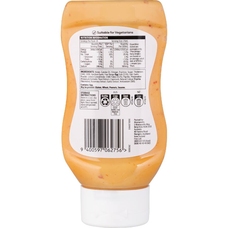 Woolworths Mayonnaise Sweet Chilli - Squeeze bottle 330mL