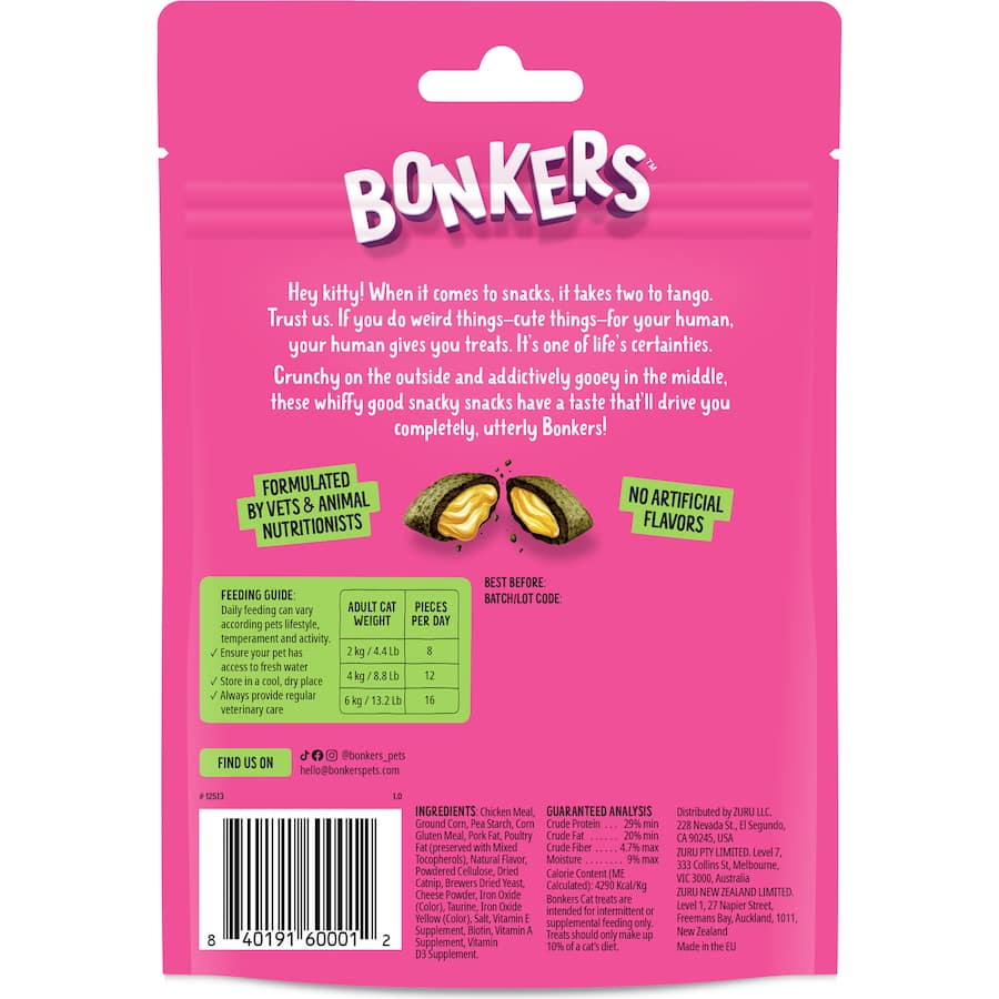 Bonkers Cat Treats Catnip Chicken Cheddar Pouch 85g
