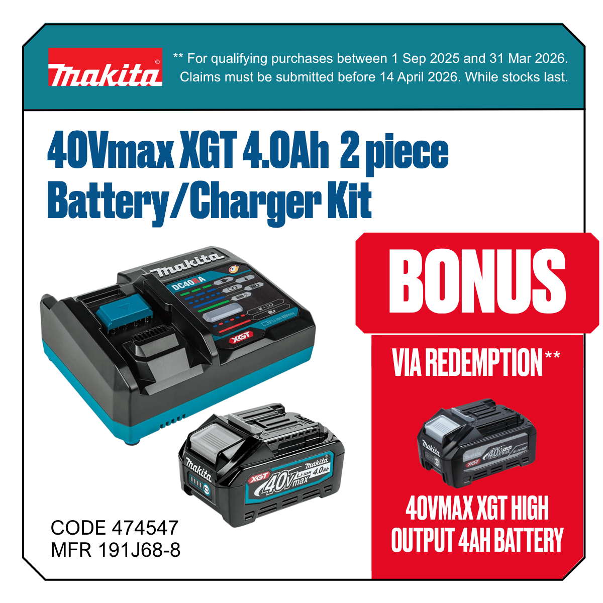 Makita 40Vmax XGT 4.0Ah Battery/Charger Kit 2 piece (Kit)