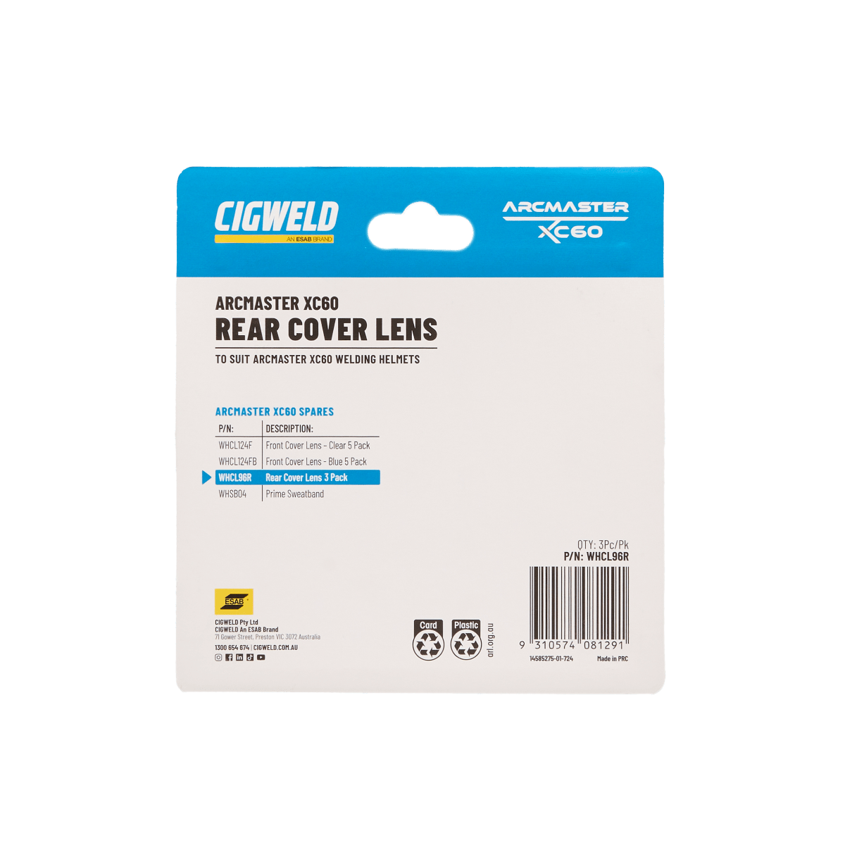 Arcmaster Rear Cover Lens XC60 Pack of 3 (Pack) - Cigweld