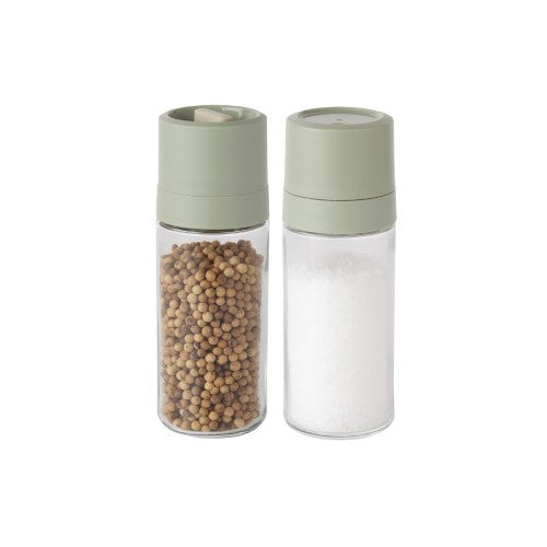 2-pc grinder and shaker set featuring an adjustable ceramic grinder and a control lid for precise seasoning distribution.