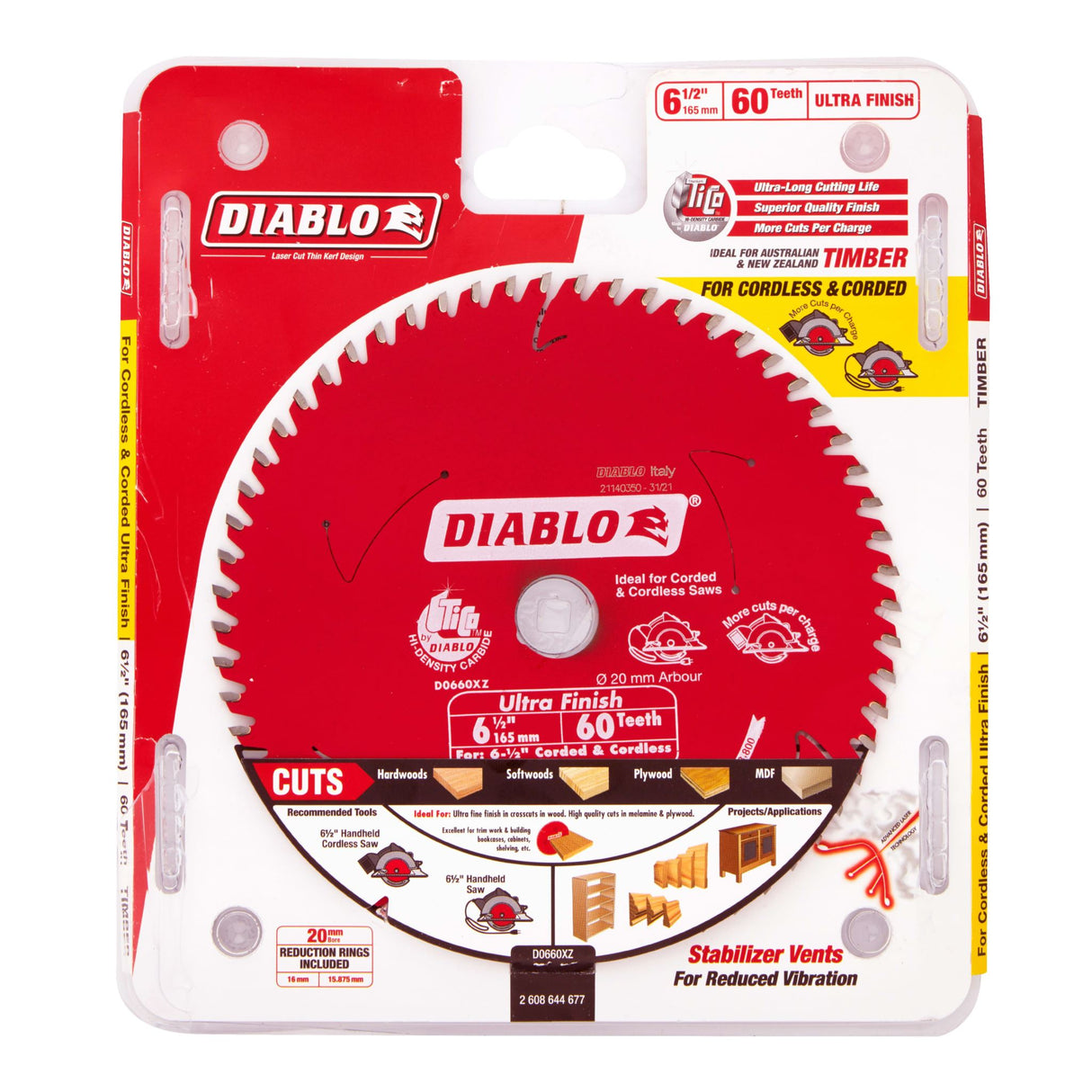 Diablo 60T Ultra Finish Saw Blade 6.5"/165mm (Each)