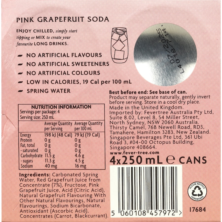 Fever Tree Soda Pink Grapefruit 250ml cans 4pack