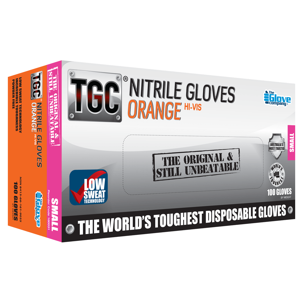 TGC Nitrile Gloves Powder Free Hi-Vis Orange Small Pack of 100