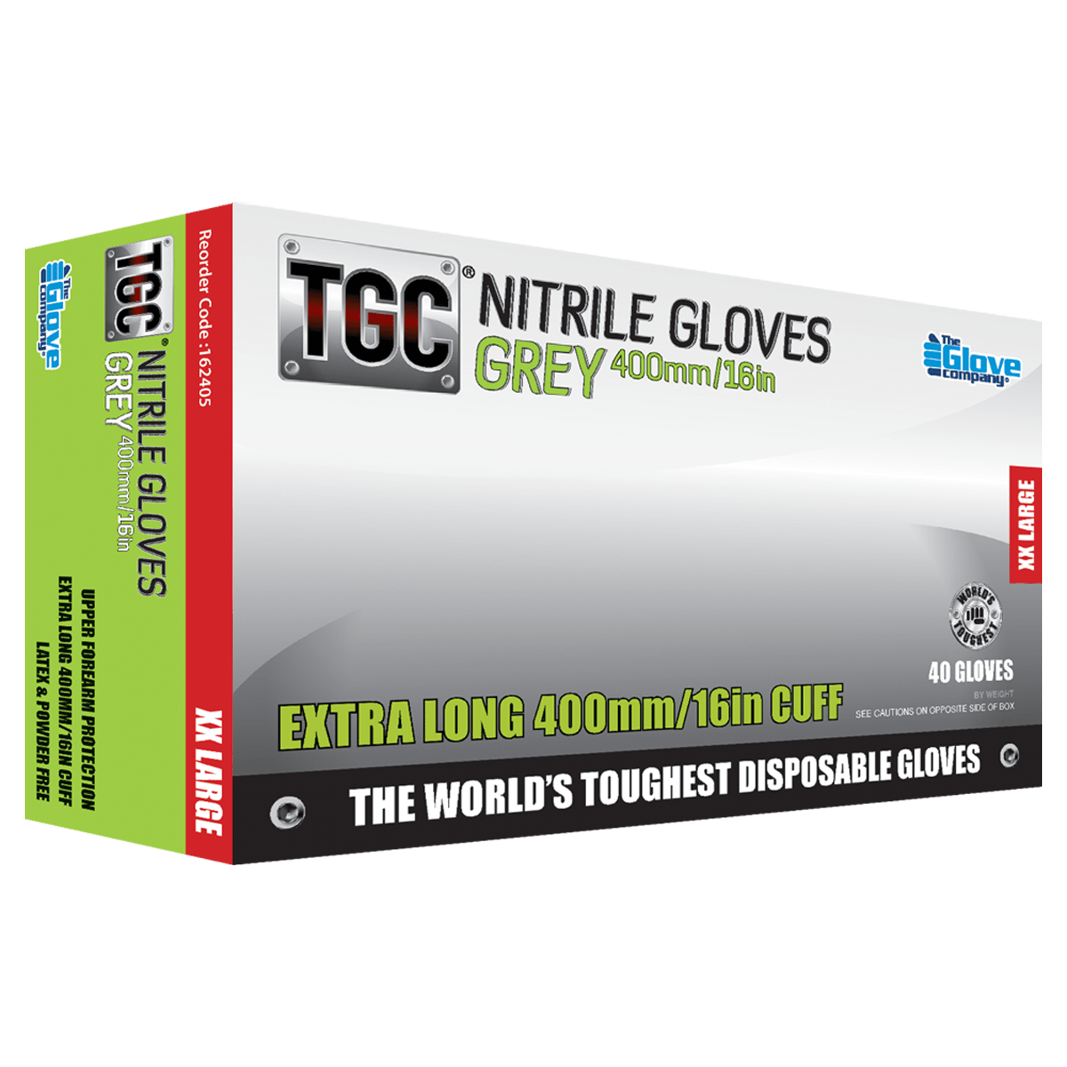 TGC Xtra Long Nitrile Gloves Powder Free Grey 400mm, 2XL (Pack of 40)