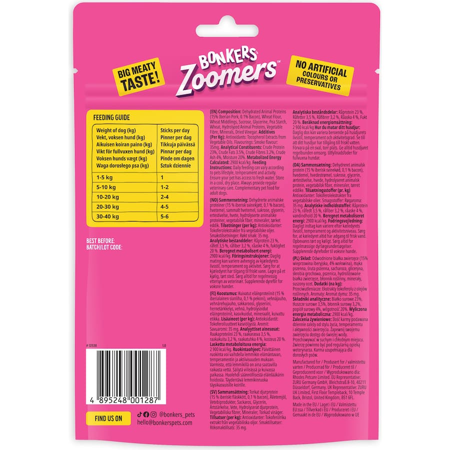 Bonkers Dog Treats Zoomers Smoky Bacon Pouch 85g