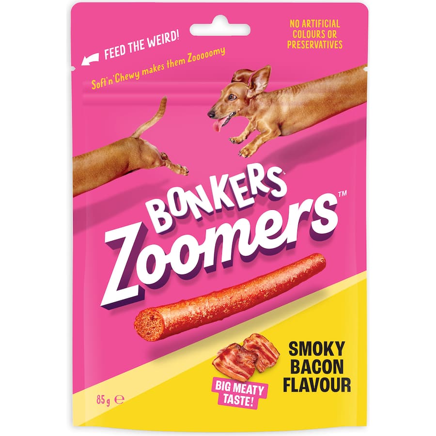 Bonkers Dog Treats Zoomers Smoky Bacon Pouch 85g