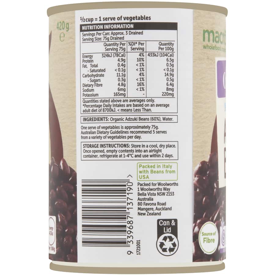 Macro Organic Beans Adsuki No Added Salt Can 420g