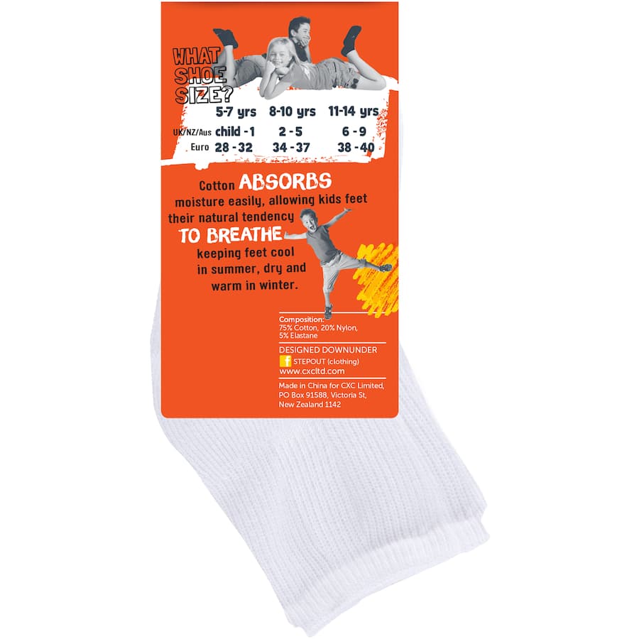 Stepout Socks White Ankle 8-10 Yrs 2pack